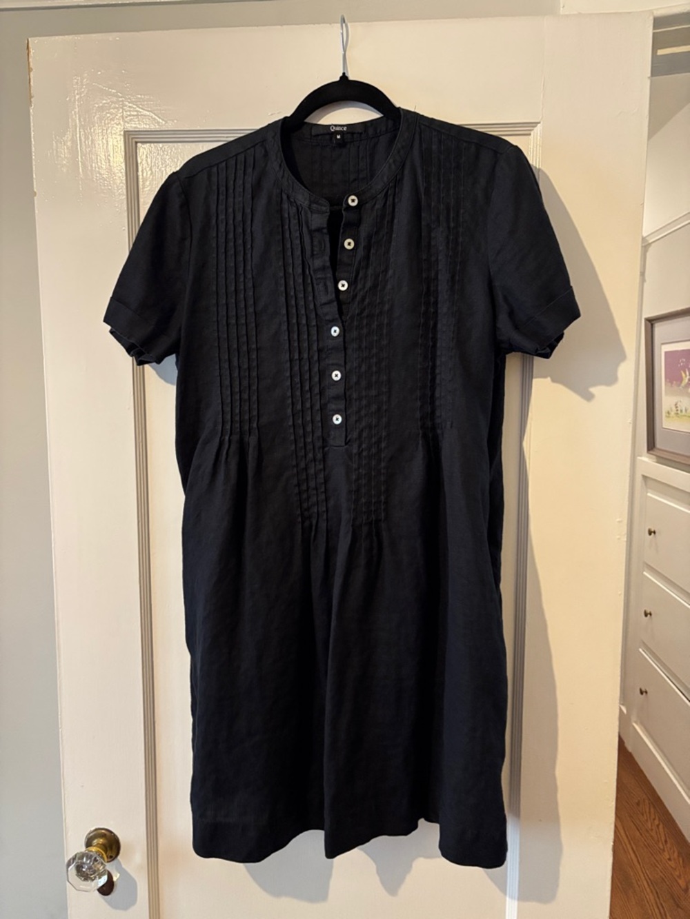 Quince Black Short-Sleeve Pintuck Button Mini Dress